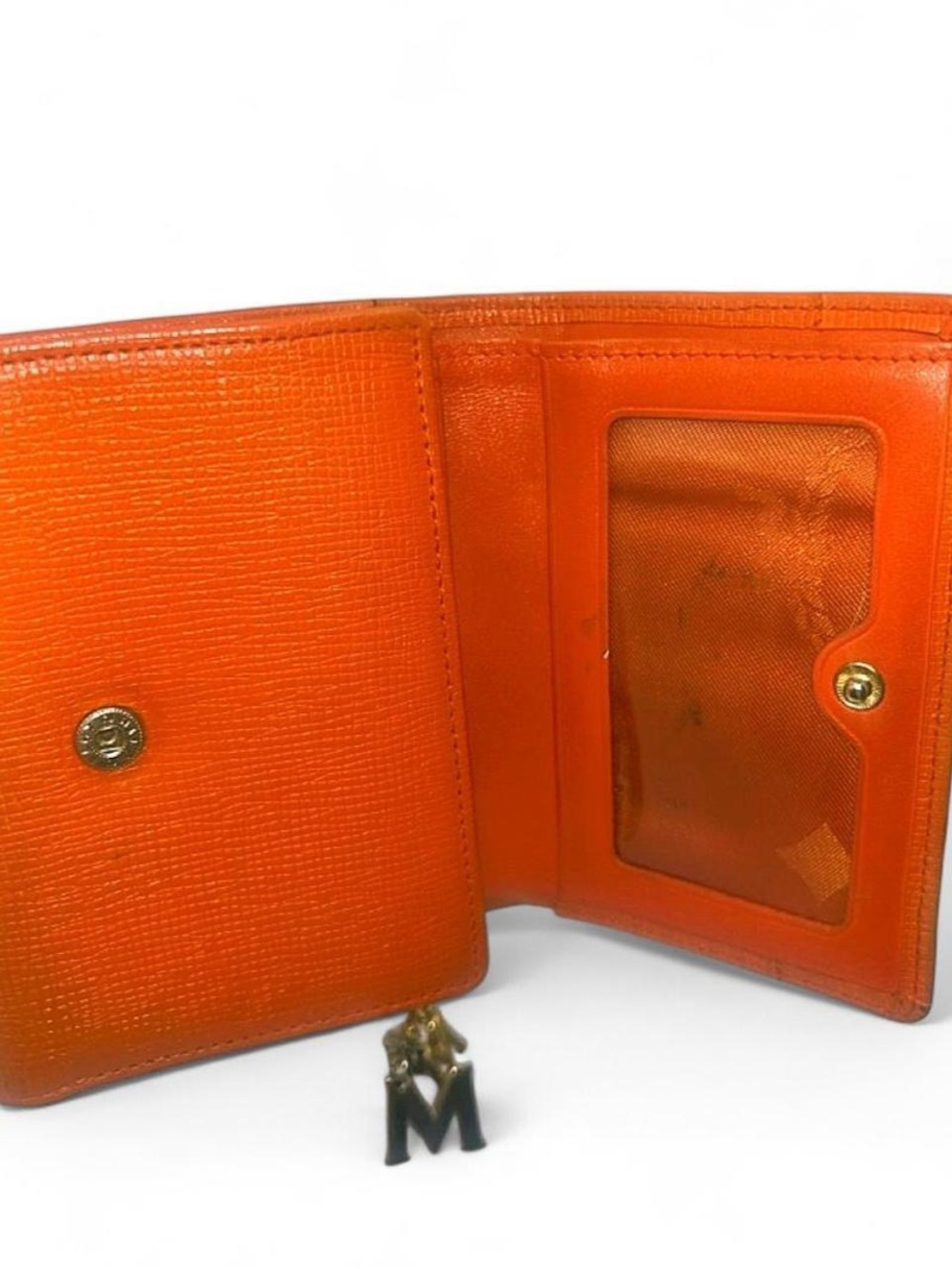 MCM Orange Saffiano Leather Trifold Wallet Logo Charm - Picture 7 of 12